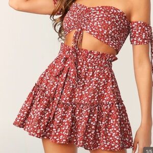 Red floral matching set with skirt